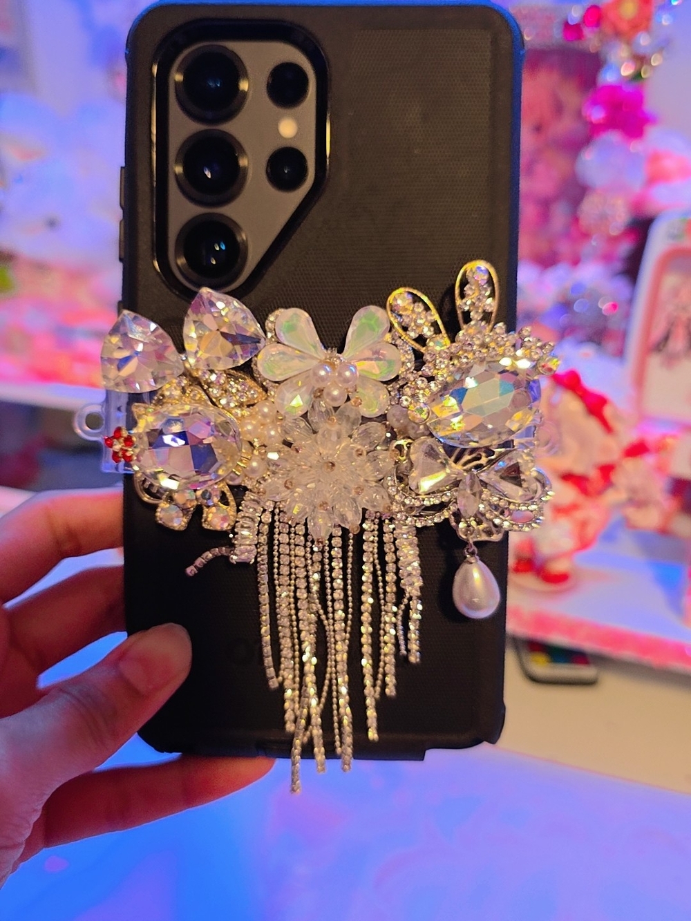 Crystal Floral Phone Charm - Clear Rhinestone Accent